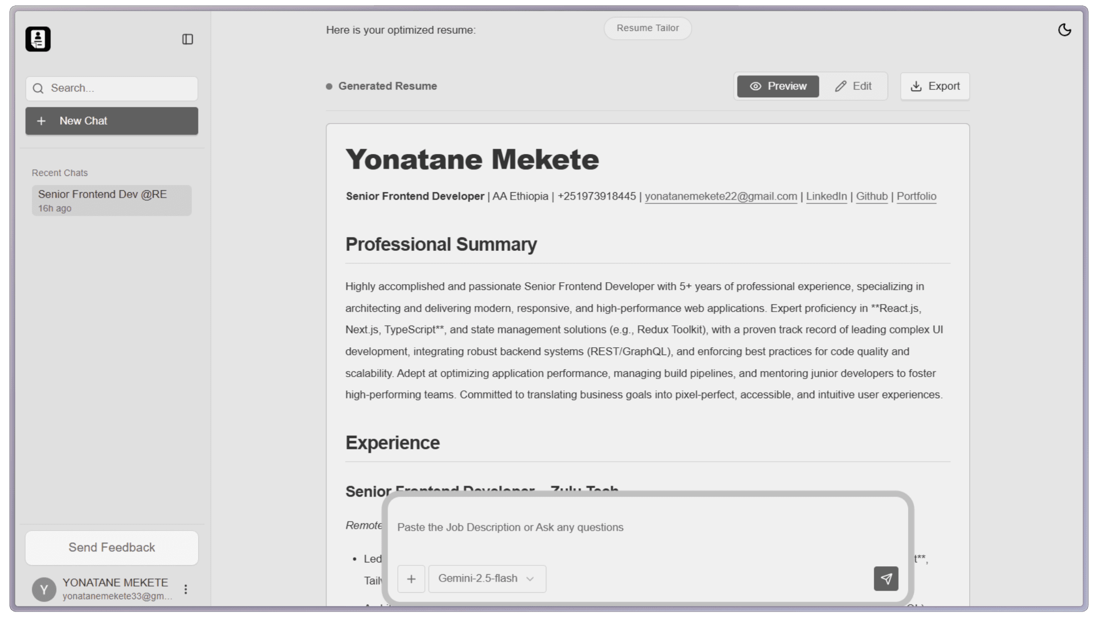 Resume Tailor Dashboard Preview - AI-powered resume optimization